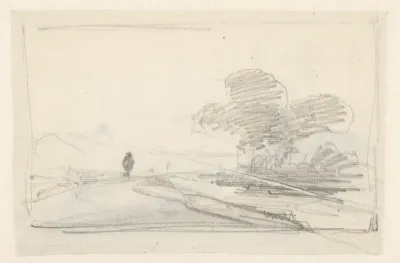 Schets van een landschap met boomgroep aan een weg