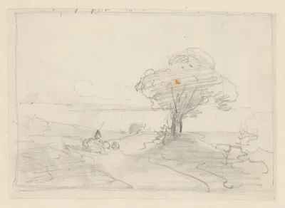 Schets van een landschap met een boom aan het water
