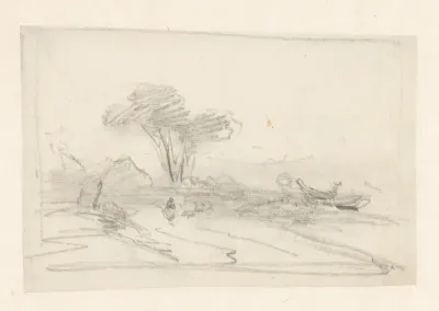 Schets van een landschap met een boom en een boot