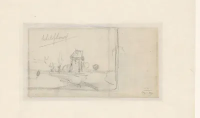 Schets van een landschap met een huis aan het water