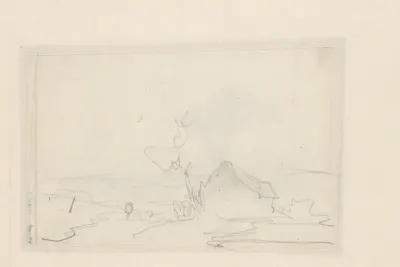 Schets van een landschap met een huis en een boom
