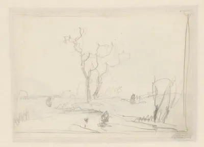 Schets van een landschap met een kale boom in het midden