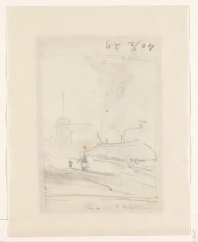 Schets van een landschap met een molen en een boerderij
