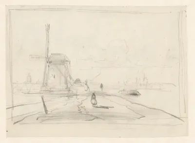 Schets van een landschap met een molen en een stad in het verschiet