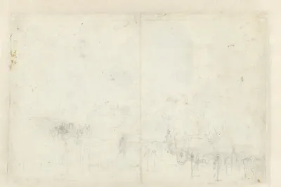 Schets van een landschap met een rijtuig en een huifkar