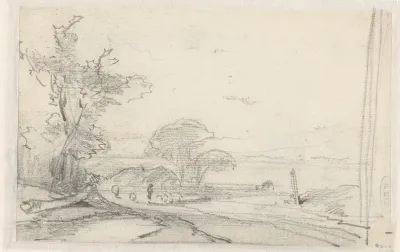 Schets van een landschap met links drie bomen