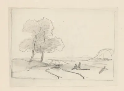 Schets van een landschap met twee zittende figuren en een bomenpartij