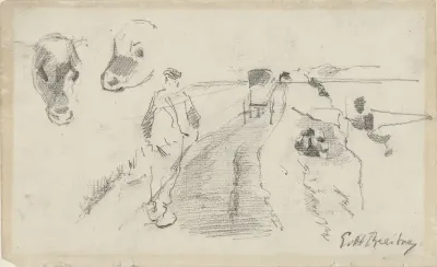Schets van een landweg met een boer en koeienkoppen