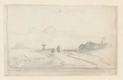Schets van een landweg met lage huizen rechts