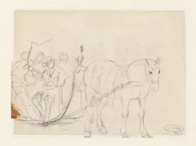 Schets van een paardenslee met vier figuren