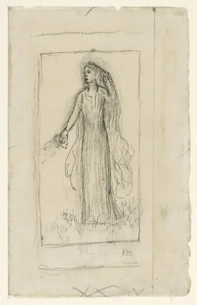 Schets van een staand meisje met bloemen in de rechterhand