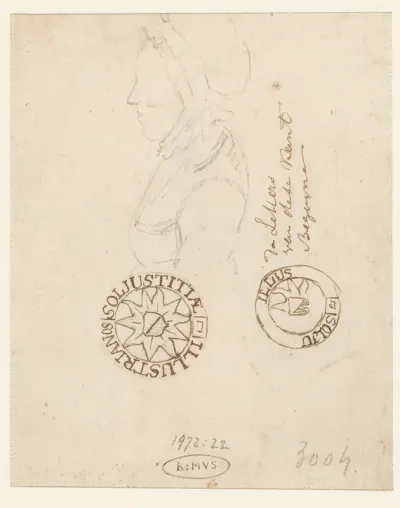 Schets van een vrouw en ontwerpen voor het embleem van de Universiteit van Utrecht