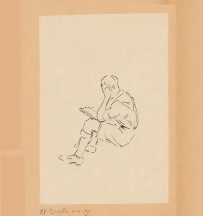 Schets van een zittende jongen. Ontwerptekening voor ex libris van Constant Ottevanger