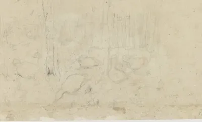 Schets van ganzen onder bomen