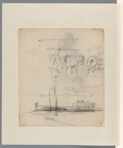 Schets van kalveren en landschap