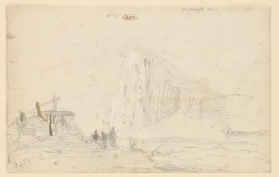 Schets van kustlandschap met hoge rotsen