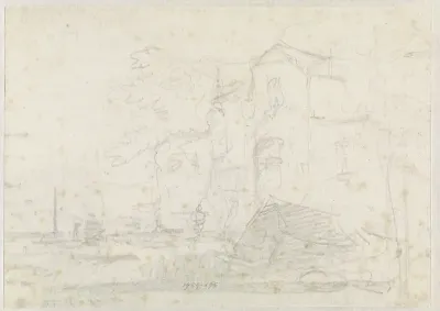 Schets van landschap met monumentaal gebouw