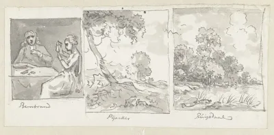 Schets van man en vrouw aan tafel en twee schetsen van landschappen