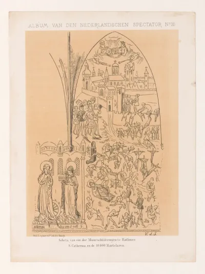 Schets van muurschildering met voorstelling van Catherina en de 10.000 martelaren