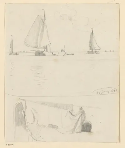Schets van schuiten en man op dek