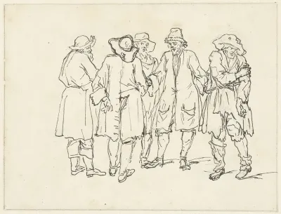 Schets van vijf staande mannen