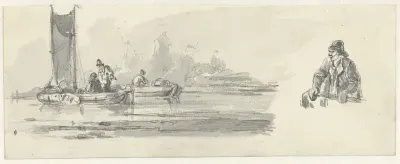 Schets van vissers in bootjes en detail van een visser