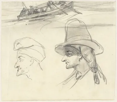 Schets van vissersboot en twee mannenhoofden