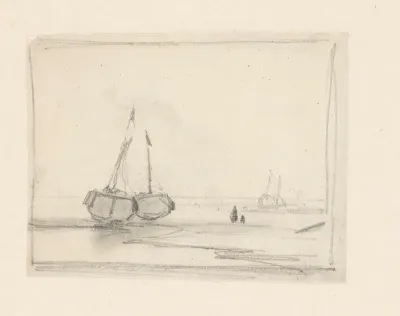 Schets van vissersschepen op het strand
