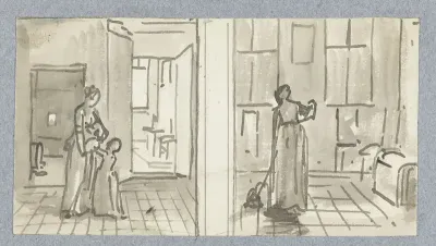 Schets van vrouw met kind en schets van vegende of dweilende vrouw