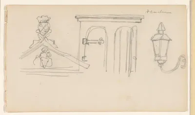 Schetsblad met architectuurstudies, lamp, kast, gevel