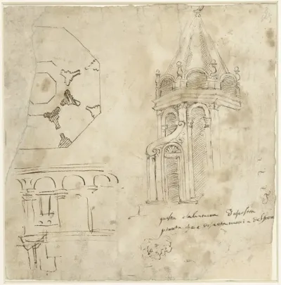 Schetsblad met details van de Dom van Florence en een profielkop