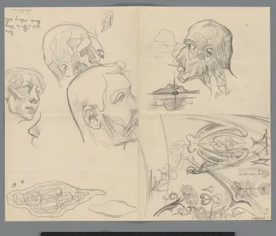 Schetsblad met diverse kopstudies, karikaturen en ornament