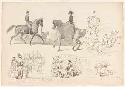Schetsblad met diverse studies, onder andere van paardensport