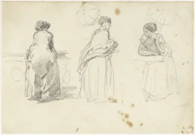 Schetsblad met drie studies van een vrouw met een parasol