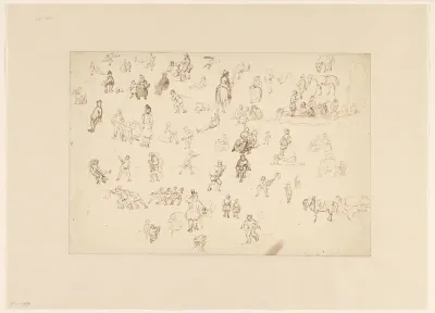 Schetsblad met een groot aantal figuren