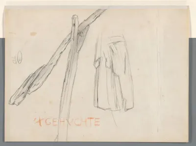 Schetsblad met een hefboom van een waterput en een draperiestudie