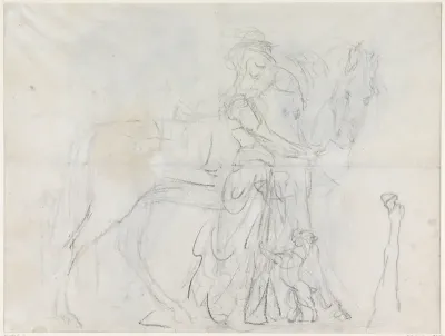Schetsblad met een vrouw, een paard en een hond
