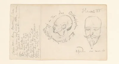 Schetsblad met gedichten en schetsjes van het dodenmasker van Hendrik IV, koning van Frankrijk