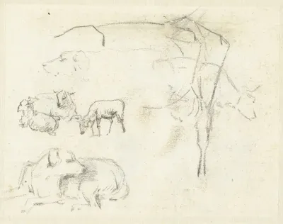 Schetsblad met honden, schapen en een koe