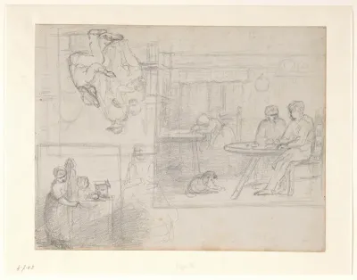 Schetsblad met interieurscènes