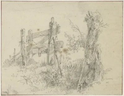 Schetsblad met knotwilg bij een hek