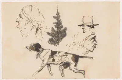 Schetsblad met koppen, boom en hond