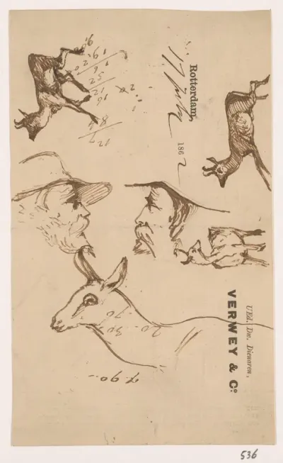 Schetsblad met koppen en herten