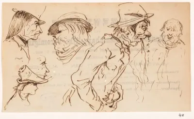 Schetsblad met koppen en overgevende man