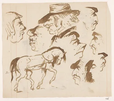 Schetsblad met koppen en paard