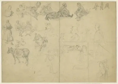 Schetsblad met krabbels van het land, een koe, dansers, toeristen en fantasie-figuren