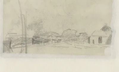 Schetsblad met landschap met boerderij