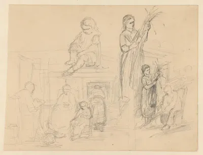 Schetsblad met meisje, vrouw met korenschoof en interieur met familie