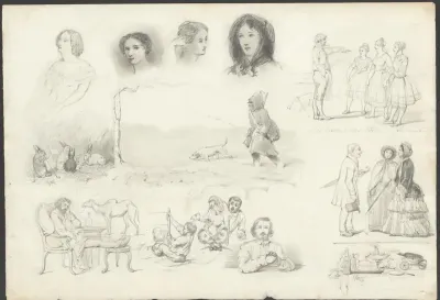 Schetsblad met mensen en dieren