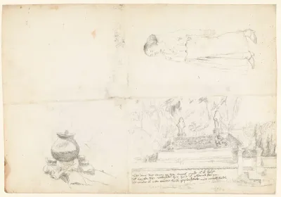 Schetsblad met moors graf en vrouwenfiguur